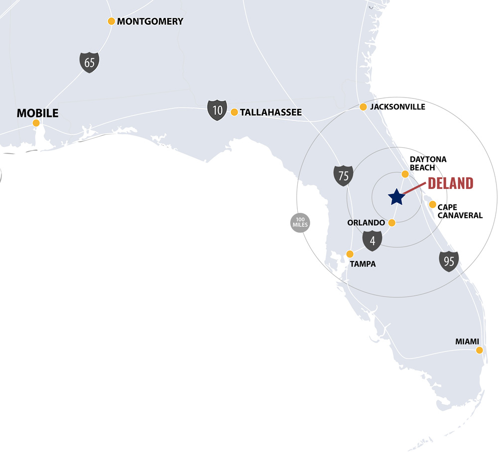 map of Florida highlighting location of DeLand